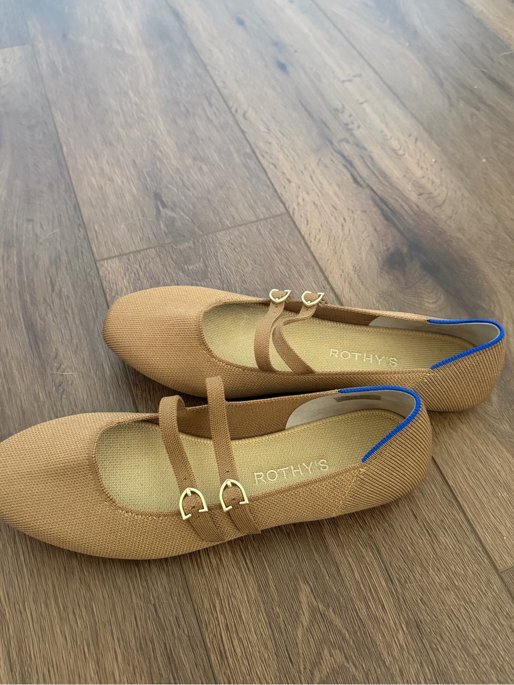 Rothy's Tan Double-Strap Mary Jane Flats with Gold Accents